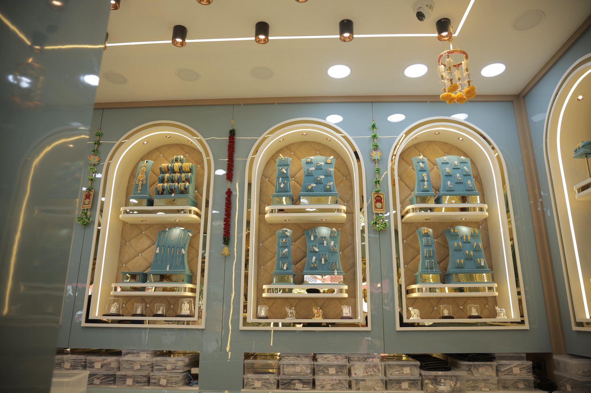 Gold jewellery displayed in the Umiya Gold Palace showroom